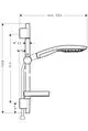 Technische Zeichnung eines Duschsets mit Handbrause, Halterung und Schläuchen. Die Halterung ist vertikal und hat eine Seifenschale. Hersteller ist Hansgrohe.